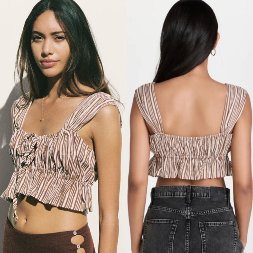Ciao Lucia Striped Ruffle Crop Top in Tan and White